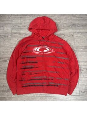 Oakley Zip Up Hoodie Mens Large Red Space Striped Sweatshirt Y2K